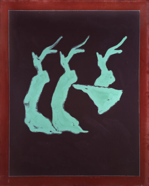 1974<br>Paesaggio su fondo nero<br>pittura industriale, tempera, matita su tela<br>cm 100x80