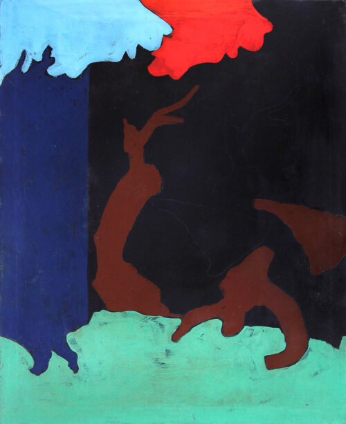 1974 novembre<br>Paesaggio su fondo nero<br>pittura industriale, tempera, matita su tela<br>cm 100x80