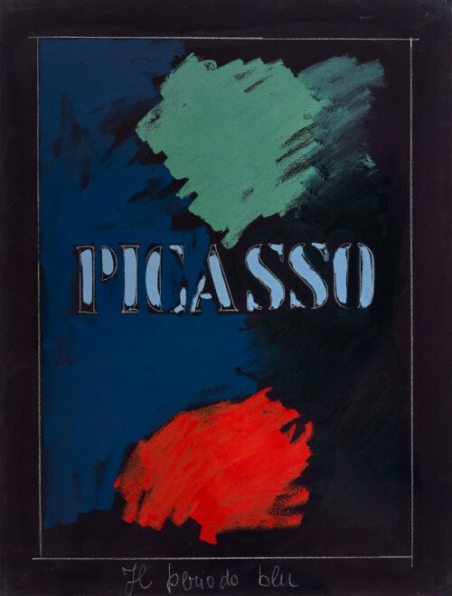 1974<br>Picasso, Il Periodo Blu<br>pittura industriale, tempera, matita su tela<br>cm 80x60