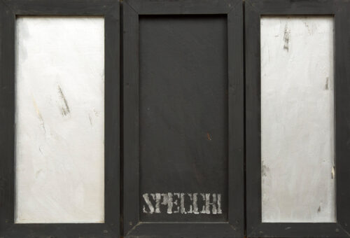 1974 (1964)<br>' Specchi '<br>smalto industriale, vernice, collage di legno su tavola<br>cm 60x90