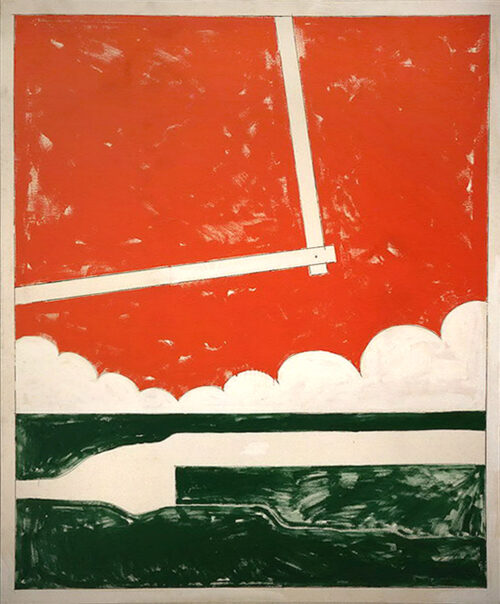 1975<br>Paesaggio geometrico<br>pittura industriale, tempera, grafite su tela<br>cm 160x130