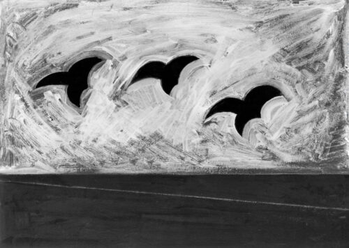 1975<br>Paesaggio con la V<br>pittura industriale, tempera, matita su tela<br>cm 60x80