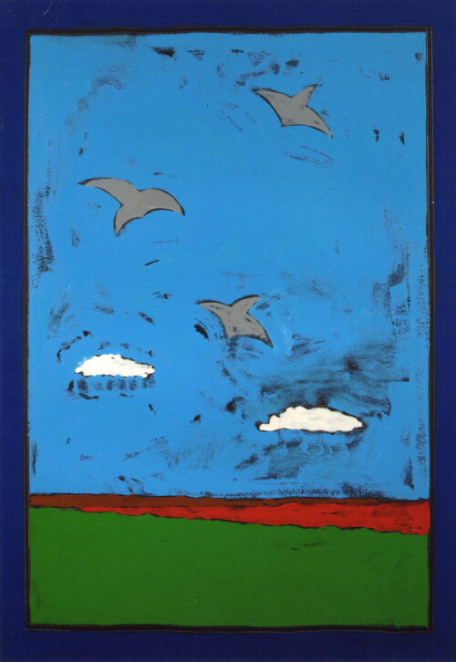 1975 23 aprile, Bologna<br>La rotta delle rondini, dedicato a Renato Guttuso<br>pittura industriale, tempera, matita su tela<br>cm 100x70