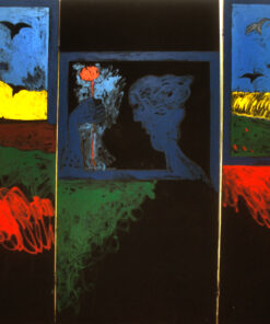 1975<br>Dal suicidio di Van Gogh, dedicato a G.M. Volontè<br>pittura industriale, tempera, matita su trittico di tele<br>cm 200x300