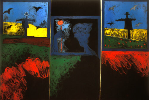 1975<br>Dal suicidio di Van Gogh, dedicato a G.M. Volontè<br>pittura industriale, tempera, matita su trittico di tele<br>cm 200x300