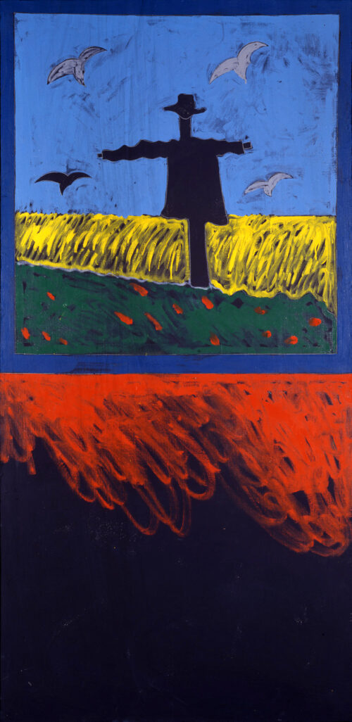 1975<br>pannello 3<br>Dal suicidio di Van Gogh<br>pittura industriale, tempera, matita su tela<br>cm 200x100