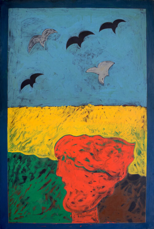 1975<br>' Il campo di Arles nell'estate 1964 '<br>pittura industriale, tempera, matita su tela<br>cm 150x100