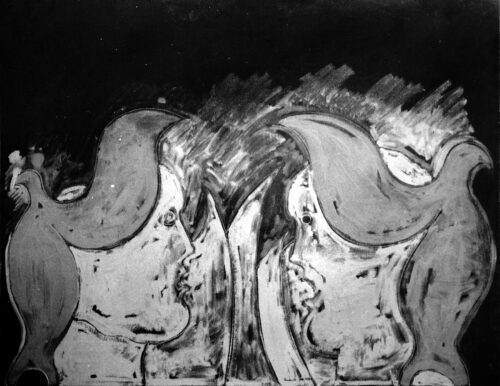 1975<br>Incontri<br>pittura industriale, tempera, matita su tela<br>cm 80x100