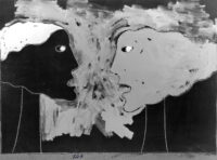 1975<br>Omaggio a Guernica<br>pittura industriale, tempera, matita su tela<br>cm 50x80