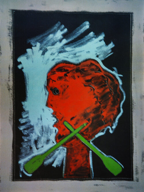 1975 24 giugno, Bologna<br>Il ritorno di Ulisse, a Louis Bunuel<br>pittura industriale, tempera, matita su tela<br>cm 80x60