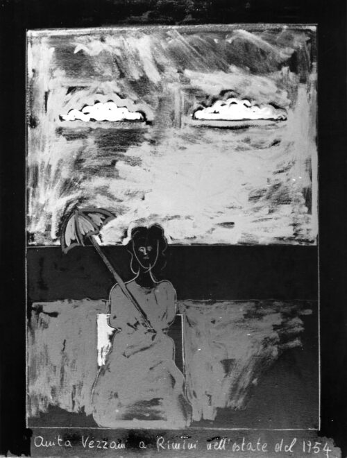 1975 25 giugno<br>Anita Vezzani a Rimini nell'estate del 1954<br>pittura industriale, tempera, matita su tela<br>cm 80x60