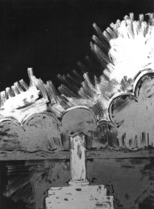 1975 28 giugno<br>Paesaggio con la colonna<br>pittura industriale, tempera, matita su tela<br>cm 80x60
