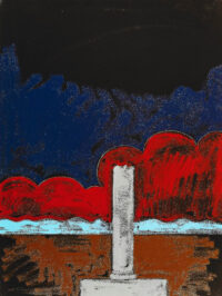1975<br>Paesaggio con la colonna<br>pittura industriale, tempera, matita su tela<br>cm 80x60