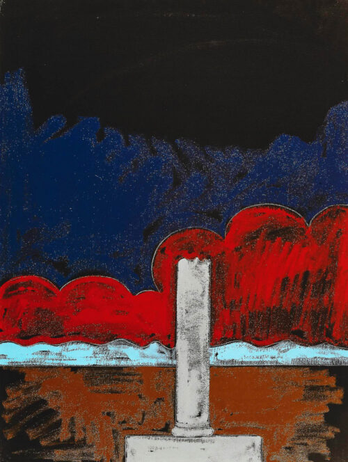 1975<br>Paesaggio con la colonna<br>pittura industriale, tempera, matita su tela<br>cm 80x60