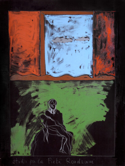 1975 28 giugno, Bologna<br>Sudio per la Pietà Rondanini, a Irene con amicizia<br>pittura industriale, tempera, matita su tela<br>cm 80x60