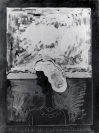 1975<br>Ritratto di Catherine Deneuve<br>pittura industriale, tempera, matita su tela<br>cm 80x60