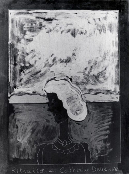 1975<br>Ritratto di Catherine Deneuve<br>pittura industriale, tempera, matita su tela<br>cm 80x60