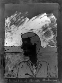 1975<br>Ritratto di Marcello Mastroianni<br>pittura industriale, tempera, matita su tela<br>cm 80x60