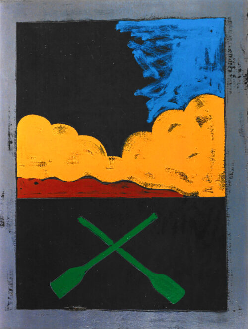 1975<br>Il ritorno di Ulisse, a Gabriella Jori<br>pittura industriale, tempera, matita su tela<br>cm 80x60