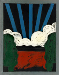 1975<br>Figure e paesaggio<br>pittura industriale, tempera, matita su tela<br>cm 100x80