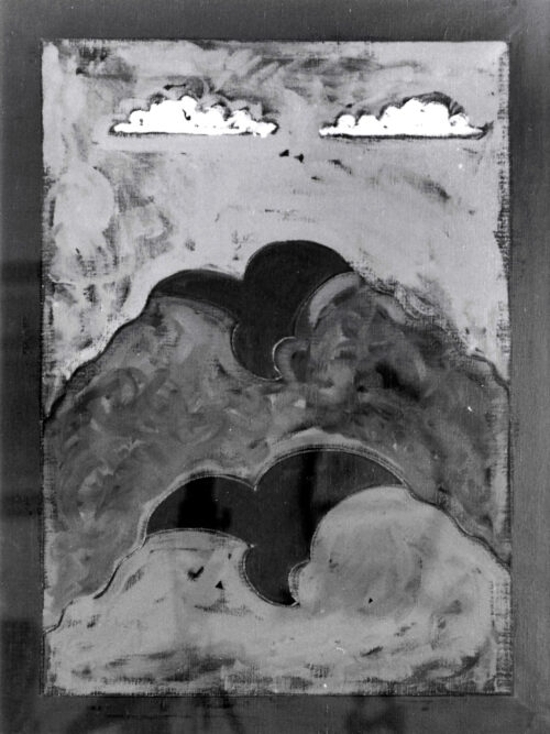 1975 24,9<br>(Caro mario l'oste spero che il quadro che ti porterà l'amico gianni non ti<br>ricordi un tumore)<br>pittura industriale, tempera, matita su tela<br>cm 100x70