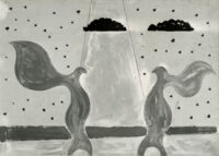 1975<br>I custodi del faro<br>pittura industriale, tempera, grafite su tela<br>cm 60x80