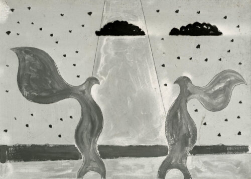 1975<br>I custodi del faro<br>pittura industriale, tempera, grafite su tela<br>cm 60x80