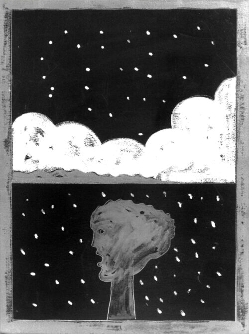 1975<br>A Katharine Ross<br>pittura industriale, tempera, matita su tela<br>cm 80x60