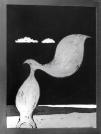 1975<br>Ultimo venne il corvo<br>pittura industriale, tempera, matita su tela<br>cm 60x80