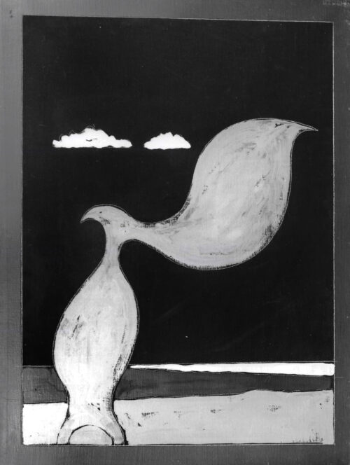 1975<br>Ultimo venne il corvo<br>pittura industriale, tempera, matita su tela<br>cm 60x80