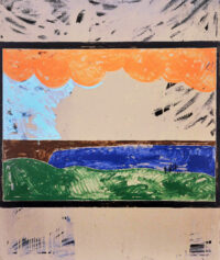 1975<br>Paesaggio su Fondo Grigio<br>pittura industriale, tempera, matita su tela<br>cm 160x130
