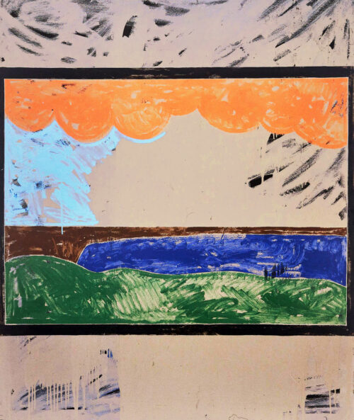 1975<br>Paesaggio su Fondo Grigio<br>pittura industriale, tempera, matita su tela<br>cm 160x130