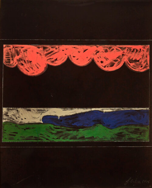1975<br>Paesaggio su Fondo Nero <br>pittura industriale, tempera, matita su tela<br>cm 160x130