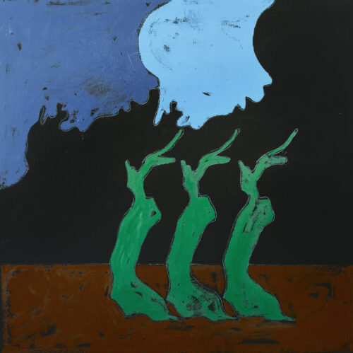 1976<br>Paesaggio su Fondo Nero<br>pittura industriale, tempera, matita su tela<br>cm 100x100