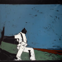 1976<br>Figura e Paesaggio<br>(da una foto di Robert Kapa)<br>pittura industriale, tempera, matita su tela<br>cm 100x100