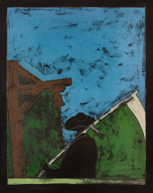 1976 gennaio<br>Il Falciatore<br>pittura industriale, tempera, matita su tela<br>cm 100x80