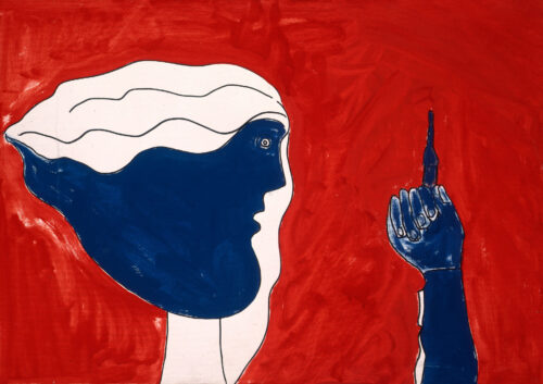 1976<br>'A Denny Tano'<br>pittura industriale, tempera, pennarello su tela<br>cm 50 x70