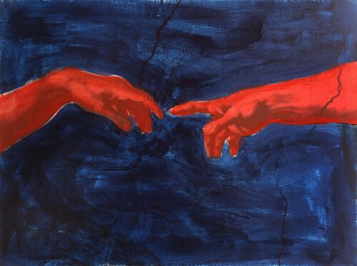 1976<br>Da Michelangelo<br>tempera, gessetto, fotografia emulsionata su tela<br>cm 50x70