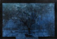 1976 7 luglio<br>Cara Almorina per il tuo quinto compleanno papa'<br>tempera, smalto alla anilina, fotografia emulsionata su tela<br>cm 55x80