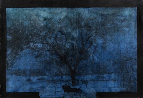 1976 7 luglio<br>Cara Almorina per il tuo quinto compleanno papa'<br>tempera, smalto alla anilina, fotografia emulsionata su tela<br>cm 55x80