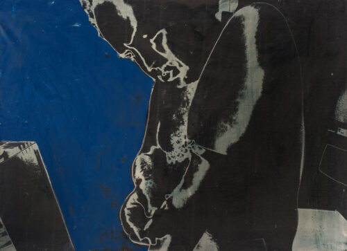 1976 2 luglio<br>A Gian Enzo<br>pittura industriale, matita, negativo fotografico emulsionato su tela<br>cm 55x75