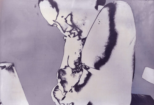 1976<br>pittura industriale, smalto alla anilina, negativo fotografico emulsionato su tela<br>cm 55x75