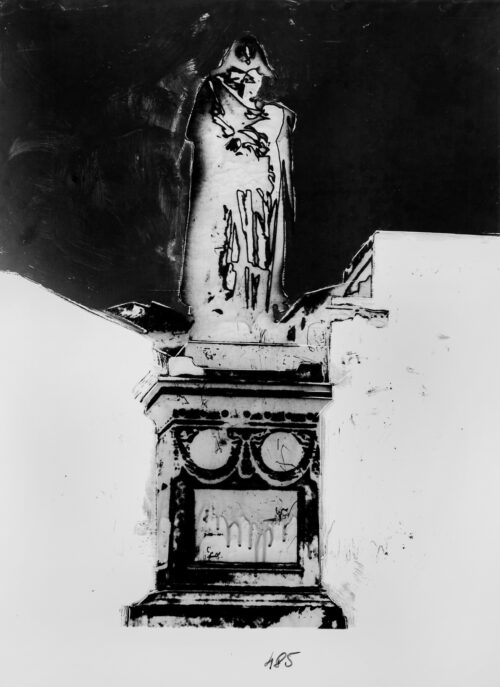 1976<br>' Monumento '<br>smalto, pittura industriale, smalto alla anilina, negativo fotografico emulsionato su tela<br>cm 100x80