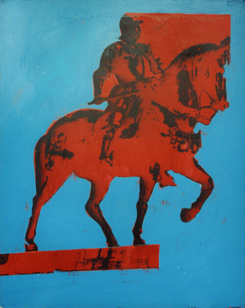 1976<br>Piazza d'Italia<br>pittura industriale, smalto alla anilina, fotografia emulsionata su tela<br>cm 100x80