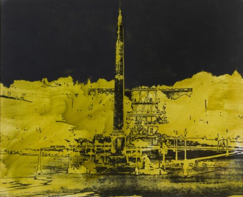 1976<br>Piazza d'Italia, Piazza del Popolo<br>pittura industriale, smalto alla anilina, fotografia emulsionata su tela<br>cm 80x100