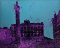 1976<br>Piazza d'Italia, dedicata a Federico Fellini<br>smalto industriale, smalto alla anilina, fotografia emulsionata su tela<br>cm 80x100