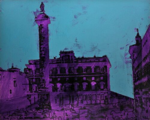 1976<br>Piazza d'Italia, dedicata a Federico Fellini<br>smalto industriale, smalto alla anilina, fotografia emulsionata su tela<br>cm 80x100