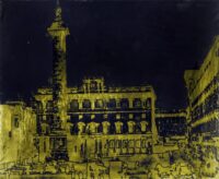 1976<br>Piazza Colonna<br>smalto, pittura industriale, smalto alla anilina, fotografia emulsionata su tela<br>cm 80x100