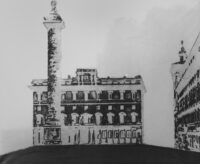 1976<br>Piazza d'Italia<br>pittura industriale, smalto alla anilina, fotografia emulsionata su tela<br>cm 80x100