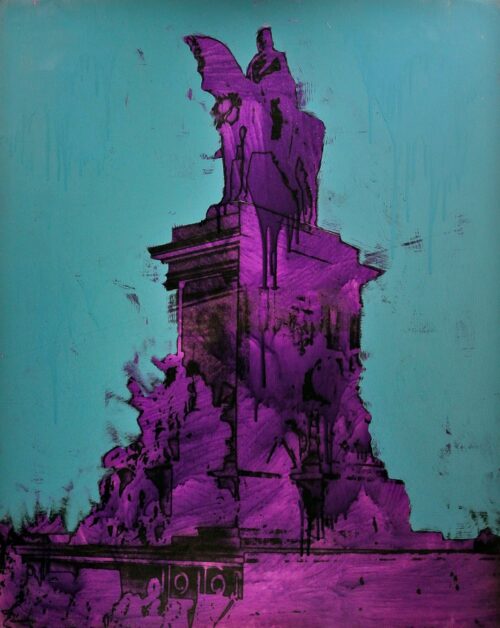 1976<br>Piazza d'Italia<br>pittura industriale, smalto alla anilina, fotografia emulsionata su tela<br>cm 100x80